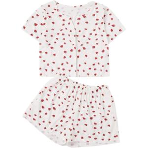 imageVerdusa Womens 2Piece Button Down Short Sleeve Ditsy Floral Button Front Sleepwear Loungewear PJ SetRed