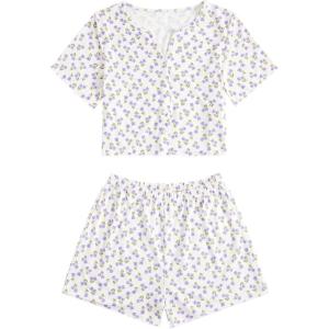 imageVerdusa Womens 2Piece Button Down Short Sleeve Ditsy Floral Button Front Sleepwear Loungewear PJ SetTulip Purple