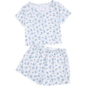 imageVerdusa Womens 2Piece Button Down Short Sleeve Ditsy Floral Button Front Sleepwear Loungewear PJ SetWhite