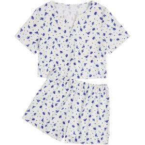 imageVerdusa Womens 2Piece Button Down Short Sleeve Ditsy Floral Button Front Sleepwear Loungewear PJ SetWhite Blue
