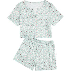 imageVerdusa Womens 2Piece Button Down Short Sleeve Ditsy Floral Button Front Sleepwear Loungewear PJ SetWhite Green