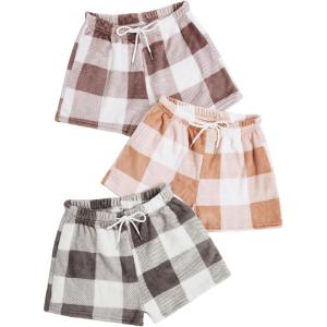 imageVerdusa Womens 3 Pack Fuzzy Buffalo Plaid Pajama Shorts Tie Front Elastic Waist Cute Sleep Lounge Pj ShortsBeige Multi
