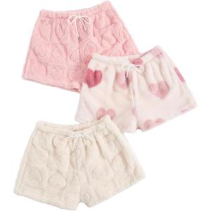 imageVerdusa Womens 3 Pack Fuzzy Buffalo Plaid Pajama Shorts Tie Front Elastic Waist Cute Sleep Lounge Pj ShortsHeart Apricot