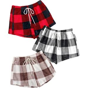 imageVerdusa Womens 3 Pack Fuzzy Buffalo Plaid Pajama Shorts Tie Front Elastic Waist Cute Sleep Lounge Pj ShortsRed Multi