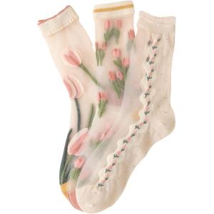 imageVerdusa Womens 3 Pairs Sheer Mesh Socks Floral Thin SocksWhite Pink