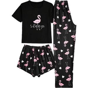imageVerdusa Womens 3 Piece Cartoon Print Pajama Sets Tee Top And Shorts Pants PjsFlamingo Black