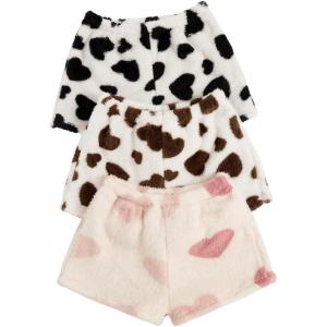 imageVerdusa Womens 3 Pieces Fuzzy Pajama Cartoon Graphic Flannel Sleep Shorts Pj Lounge BottomsHeart Beige