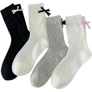 imageVerdusa Womens 4 Pairs Mid Calf Socks Crew Socks with BowBlack White Grey