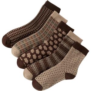 imageVerdusa Womens 5 Pairs Retro Plaid Floral Crew Socks Casual Soft Socks5 Packs Floral Brown