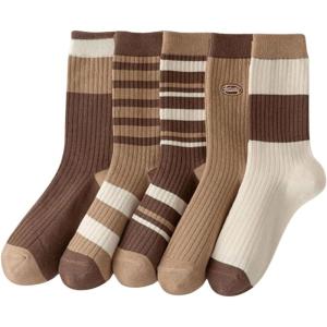 imageVerdusa Womens 5 Pairs Retro Plaid Floral Crew Socks Casual Soft SocksBrown and Beige