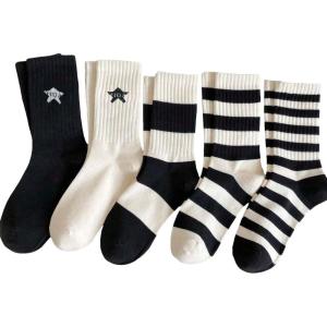 imageVerdusa Womens 5 Pairs Striped Crew Socks Casual Athletic SocksBlack and White