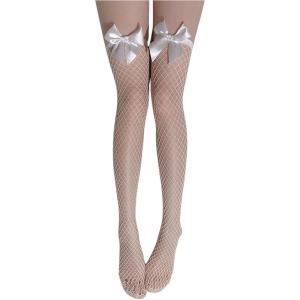 imageVerdusa Womens Bow Fishnet Over The Knee Socks Thigh High Sheer StockingsWhitebow