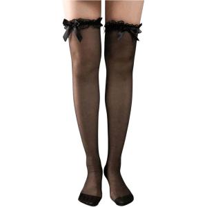 imageVerdusa Womens Bow Thigh High Mesh Stockings Lace Top Sheer TightsBlack