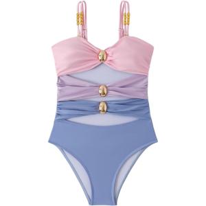 imageVerdusa Womens Cut Out Colorblock One Piece Swimsuit Ruched Swimwear Bathing SuitBlue and Pink