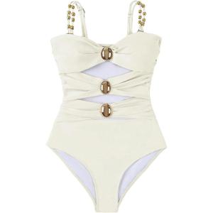 imageVerdusa Womens Cut Out Colorblock One Piece Swimsuit Ruched Swimwear Bathing SuitCream White