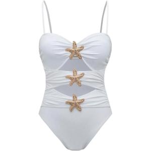 imageVerdusa Womens Cut Out Colorblock One Piece Swimsuit Ruched Swimwear Bathing SuitWhite