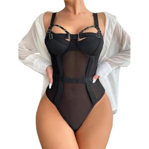 imageVerdusa Womens Cut Out Sheer Mesh Underwire Bodysuit Teddy One Piece LingeriesBlack