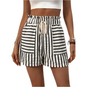 imageVerdusa Womens Drawstring Paperbag Waist Striped Straight Leg ShortsBlack