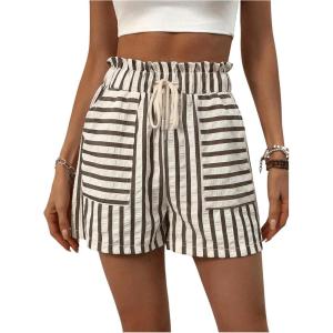 imageVerdusa Womens Drawstring Paperbag Waist Striped Straight Leg ShortsCoffee Brown