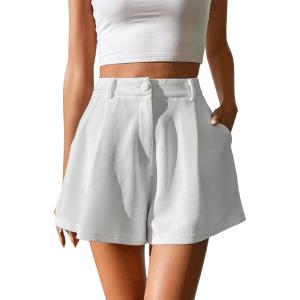 imageVerdusa Womens Elastic High Waist Pleated Wide Leg Shorts with PocketWhite