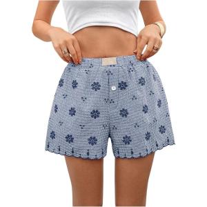 imageVerdusa Womens Floral Embroidery Elastic High Waist Scalloped ShortsBlue