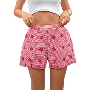imageVerdusa Womens Floral Embroidery Elastic High Waist Scalloped ShortsRed