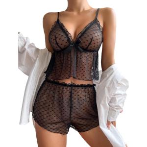 imageVerdusa Womens Floral Print Mesh Lingerie Set Contrast Lace Ruffle Hem Top and ShortsBlack