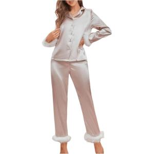 imageVerdusa Womens Fuzzy Fur Trim Satin Pajama Set Button Down Long Sleeve Shirt with PantsChampagne