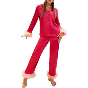 imageVerdusa Womens Fuzzy Fur Trim Satin Pajama Set Button Down Long Sleeve Shirt with PantsHot Pink