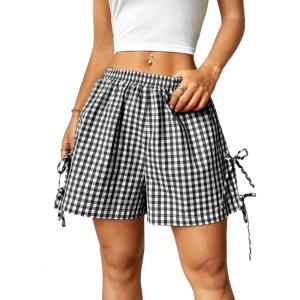 imageVerdusa Womens Gingham Plaid Print Bow Tie Split Elastic Waist ShortsBlack and White