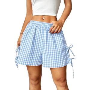 imageVerdusa Womens Gingham Plaid Print Bow Tie Split Elastic Waist ShortsLight Blue