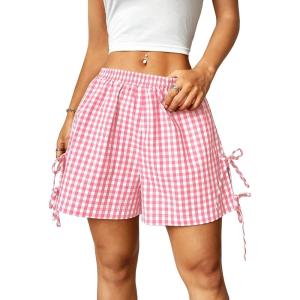 imageVerdusa Womens Gingham Plaid Print Bow Tie Split Elastic Waist ShortsPink