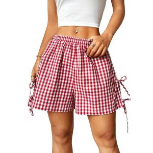 imageVerdusa Womens Gingham Plaid Print Bow Tie Split Elastic Waist ShortsRed and White