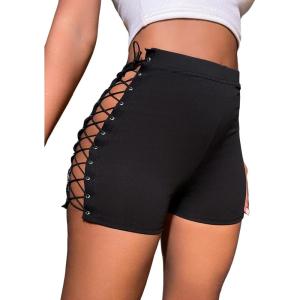 imageVerdusa Womens Lace Up Side Crisscross High Waist Skinny ShortsBlack