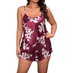 imageVerdusa Womens Plus Size 2 Piece Satin Pajama Floral Print Cami Top and Shorts SetBurgundy