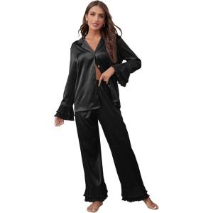 imageVerdusa Womens Satin Notch Collar Blouse and Ruffle Hem Pants PJ SetBlack