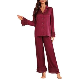 imageVerdusa Womens Satin Notch Collar Blouse and Ruffle Hem Pants PJ SetBurgundy