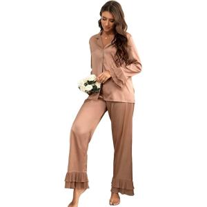 imageVerdusa Womens Satin Notch Collar Blouse and Ruffle Hem Pants PJ SetBurnt Orange