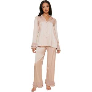 imageVerdusa Womens Satin Notch Collar Blouse and Ruffle Hem Pants PJ SetChampagne