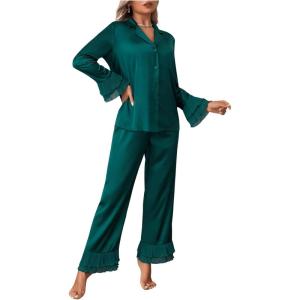 imageVerdusa Womens Satin Notch Collar Blouse and Ruffle Hem Pants PJ SetGreen