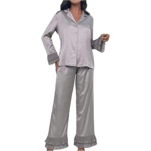 imageVerdusa Womens Satin Notch Collar Blouse and Ruffle Hem Pants PJ SetGrey