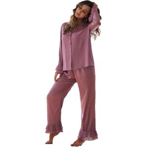 imageVerdusa Womens Satin Notch Collar Blouse and Ruffle Hem Pants PJ SetMauve Purple