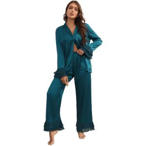 imageVerdusa Womens Satin Notch Collar Blouse and Ruffle Hem Pants PJ SetTeal Blue