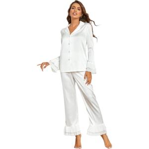 imageVerdusa Womens Satin Notch Collar Blouse and Ruffle Hem Pants PJ SetWhite