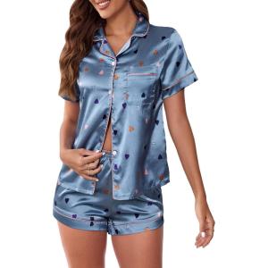 imageVerdusa Womens Striped Satin Sleepwear Short Sleeve Shirt and Shorts Pajama Set