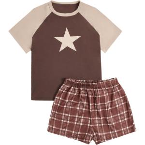 imageVerdusa Womens Two Piece Pajama Sets Plaid Pj Set Star Print Short Sleeve Tee and Shorts Comfy Sleepwear Casual Lounge SetsBrown Beige