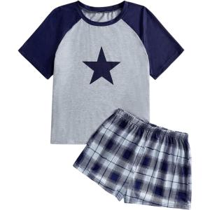 imageVerdusa Womens Two Piece Pajama Sets Plaid Pj Set Star Print Short Sleeve Tee and Shorts Comfy Sleepwear Casual Lounge SetsDark Blue