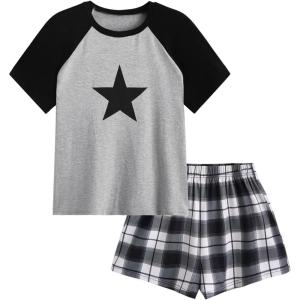imageVerdusa Womens Two Piece Pajama Sets Plaid Pj Set Star Print Short Sleeve Tee and Shorts Comfy Sleepwear Casual Lounge SetsMulticolor