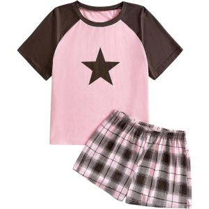 imageVerdusa Womens Two Piece Pajama Sets Plaid Pj Set Star Print Short Sleeve Tee and Shorts Comfy Sleepwear Casual Lounge SetsPlaid Pink
