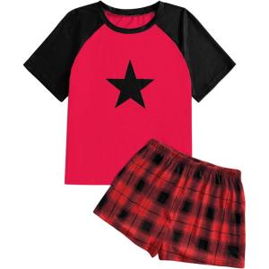 imageVerdusa Womens Two Piece Pajama Sets Plaid Pj Set Star Print Short Sleeve Tee and Shorts Comfy Sleepwear Casual Lounge SetsRed and Black